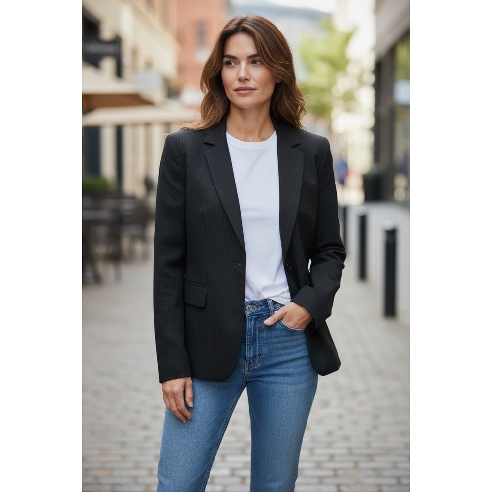 Jones Wear Suit Womens Black Pinstripe 3-Button Blazer Green Lining Size 16
